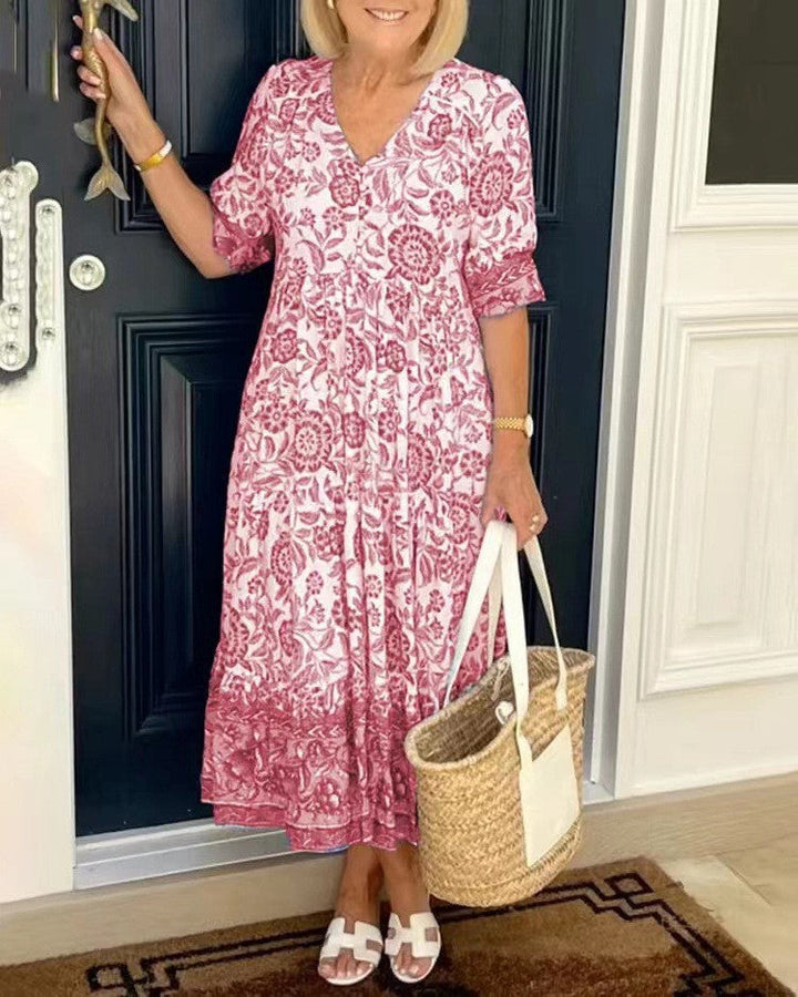 Damen Maxikleid mit V-Ausschnitt Knopfleiste und Blumenmuster