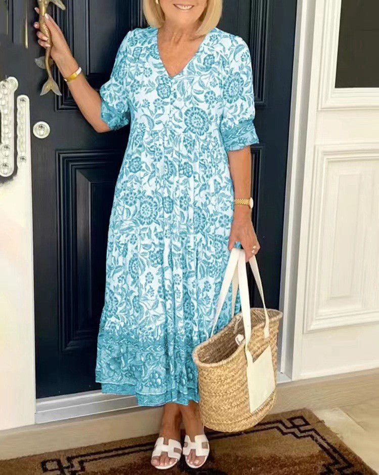 Damen Maxikleid mit V-Ausschnitt Knopfleiste und Blumenmuster