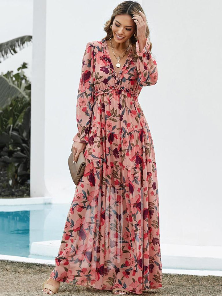 Damen Maxikleid mit V-Ausschnitt und Rüschenkante mit langen Ärmeln und Stufenrock