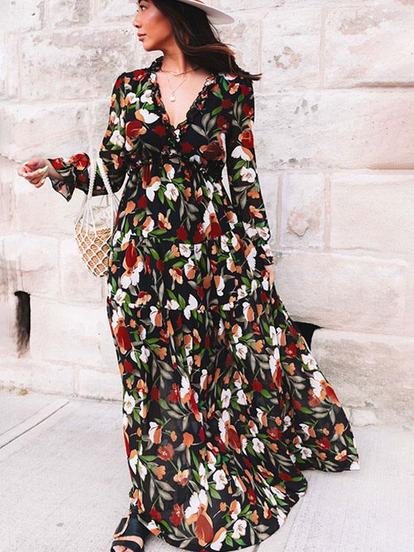 Damen Maxikleid mit V-Ausschnitt und Rüschenkante mit langen Ärmeln und Stufenrock