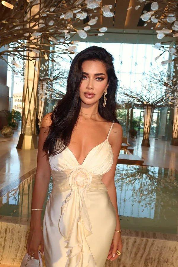 Dames maxi-jurk met V-hals en spaghettibandjes met rozet en ruches