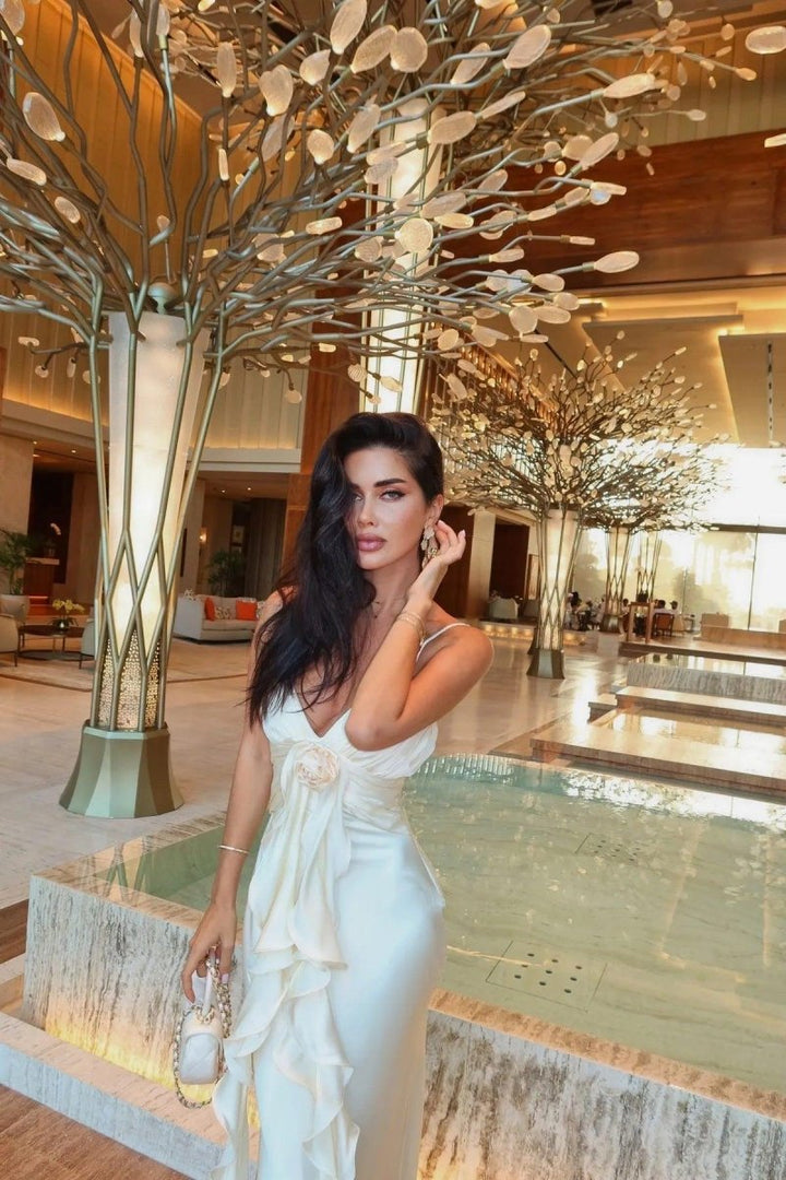 Dames maxi-jurk met V-hals en spaghettibandjes met rozet en ruches