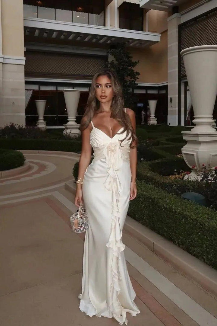 Dames maxi-jurk met V-hals en spaghettibandjes met rozet en ruches