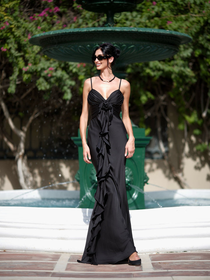 Dames maxi-jurk met V-hals en spaghettibandjes met rozet en ruches