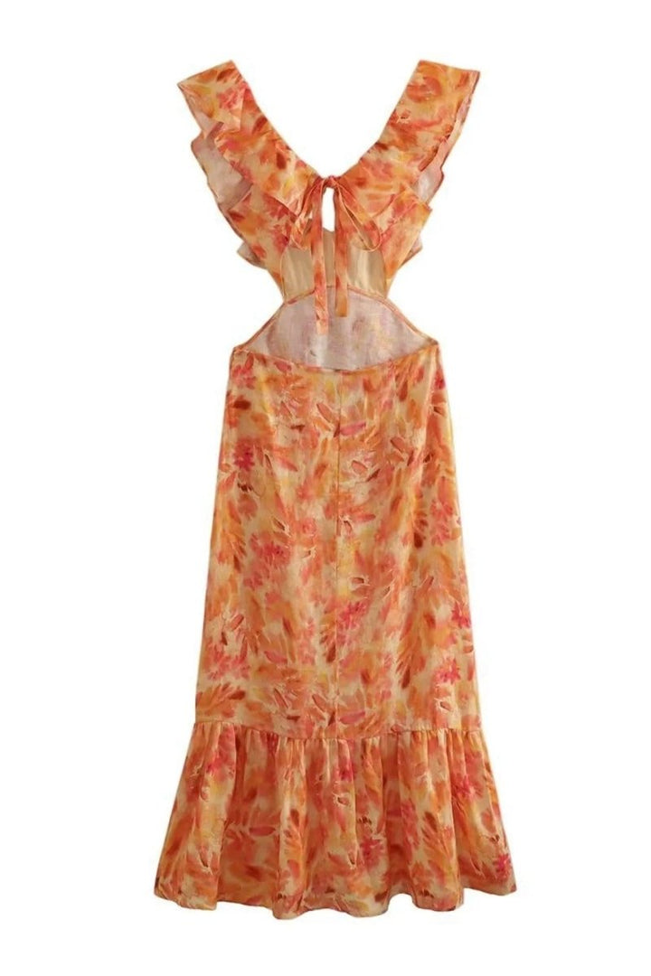 Dames maxi-jurk met V-hals en volantbandjes met zijdelingse cut-outs en bloemenpatroon