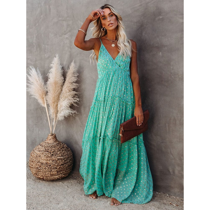 Dames maxi-jurk met V-hals, spaghettibandjes en gelaagde rok