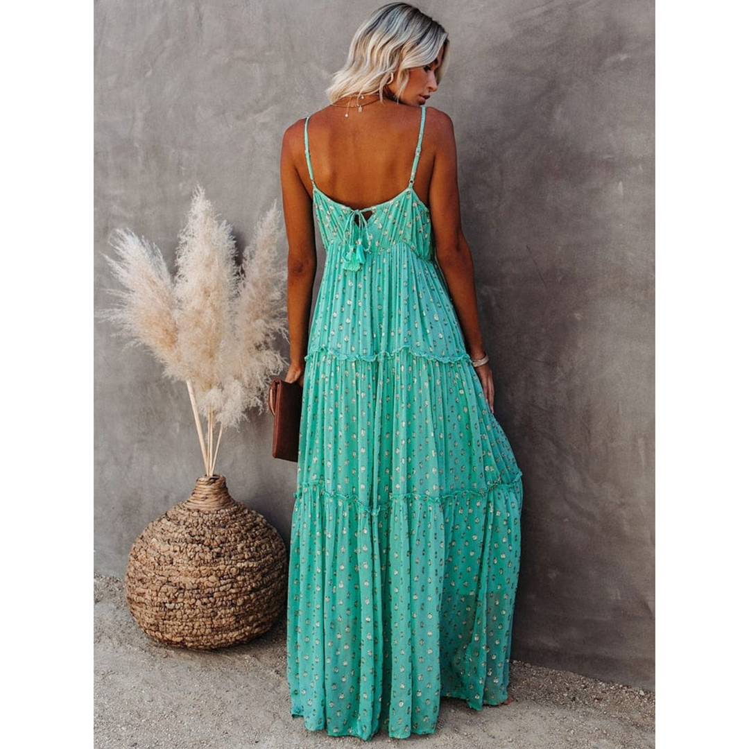 Dames maxi-jurk met V-hals, spaghettibandjes en gelaagde rok