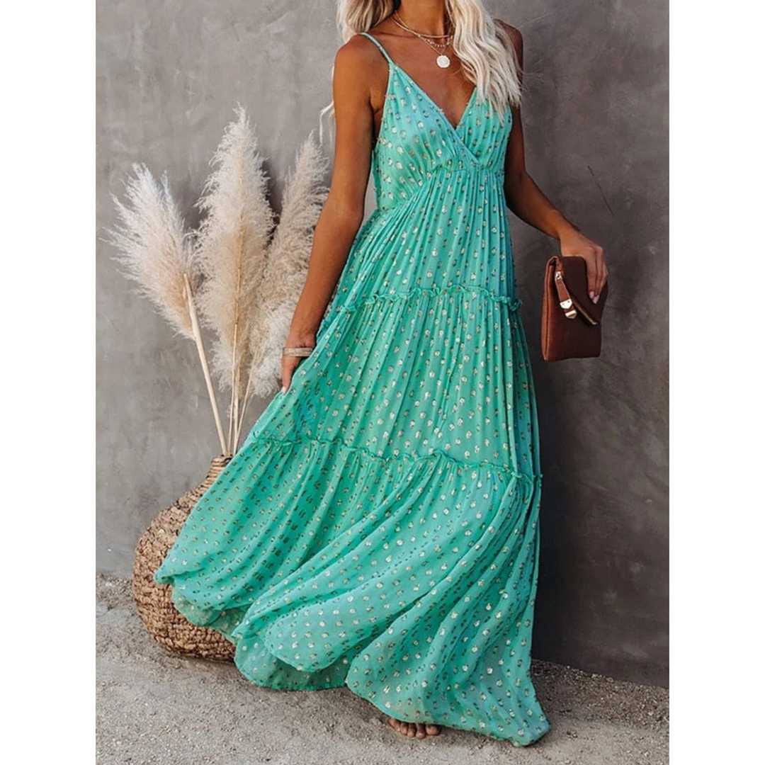 Dames maxi-jurk met V-hals, spaghettibandjes en gelaagde rok
