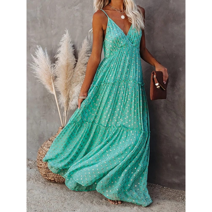 Dames maxi-jurk met V-hals, spaghettibandjes en gelaagde rok