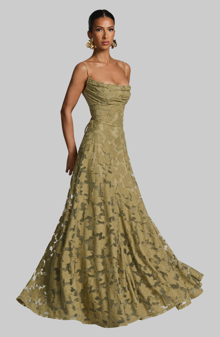 Damen Maxikleid mit Wasserfallausschnitt Spaghettiträgern Blumenmuster und Schnürung am Rücken