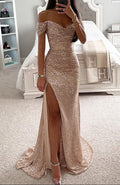 Damen Maxikleid schulterfrei mit Herzausschnitt Paillettenoberfläche und hohem Seitenschlitz