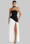 Damen Maxikleid trägerlos mit asymmetrischem Oberteil Beinschlitz und Schal am Hals