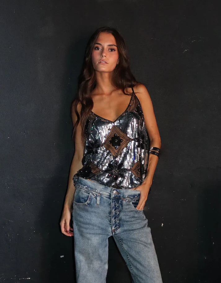 Dames mesh-top met pailletten V-hals en dunne bandjes