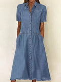 Damen Midi Jeanskleid mit Kentkragen und Knopfleiste