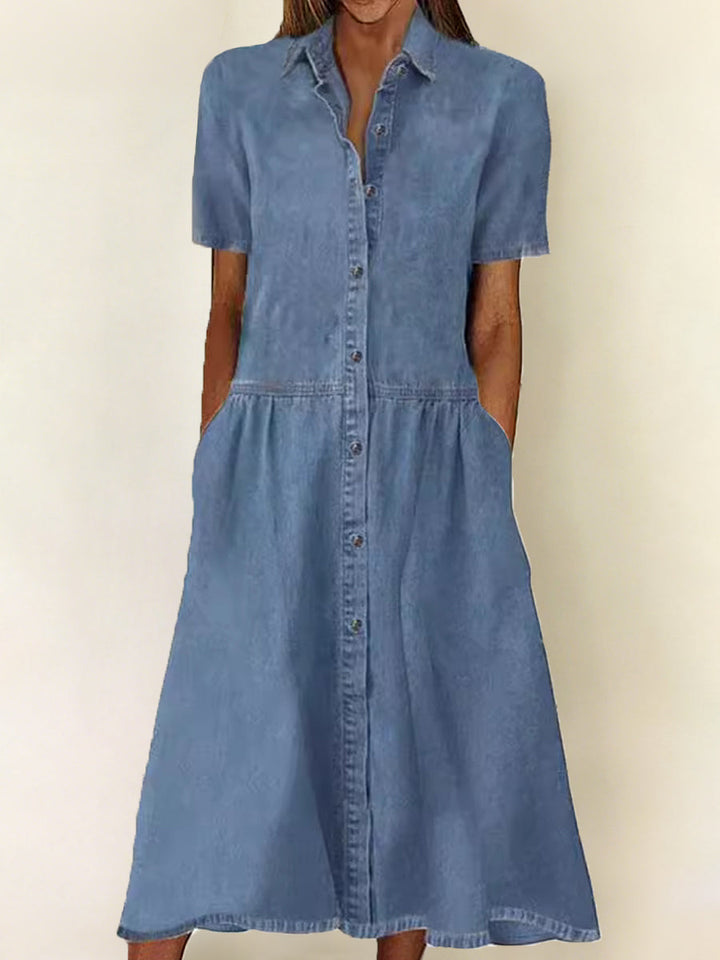 Damen Midi Jeanskleid mit Kentkragen und Knopfleiste