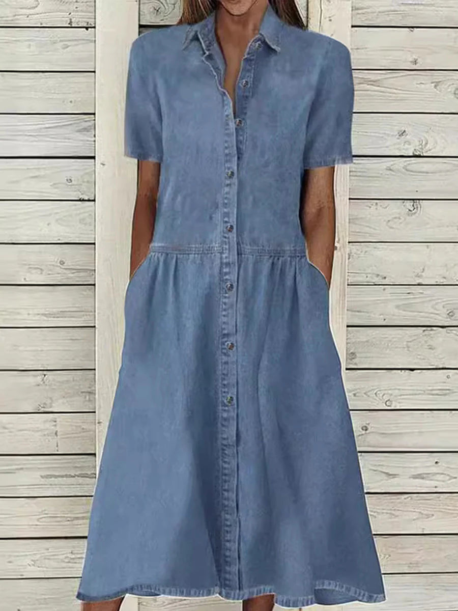Damen Midi Jeanskleid mit Kentkragen und Knopfleiste