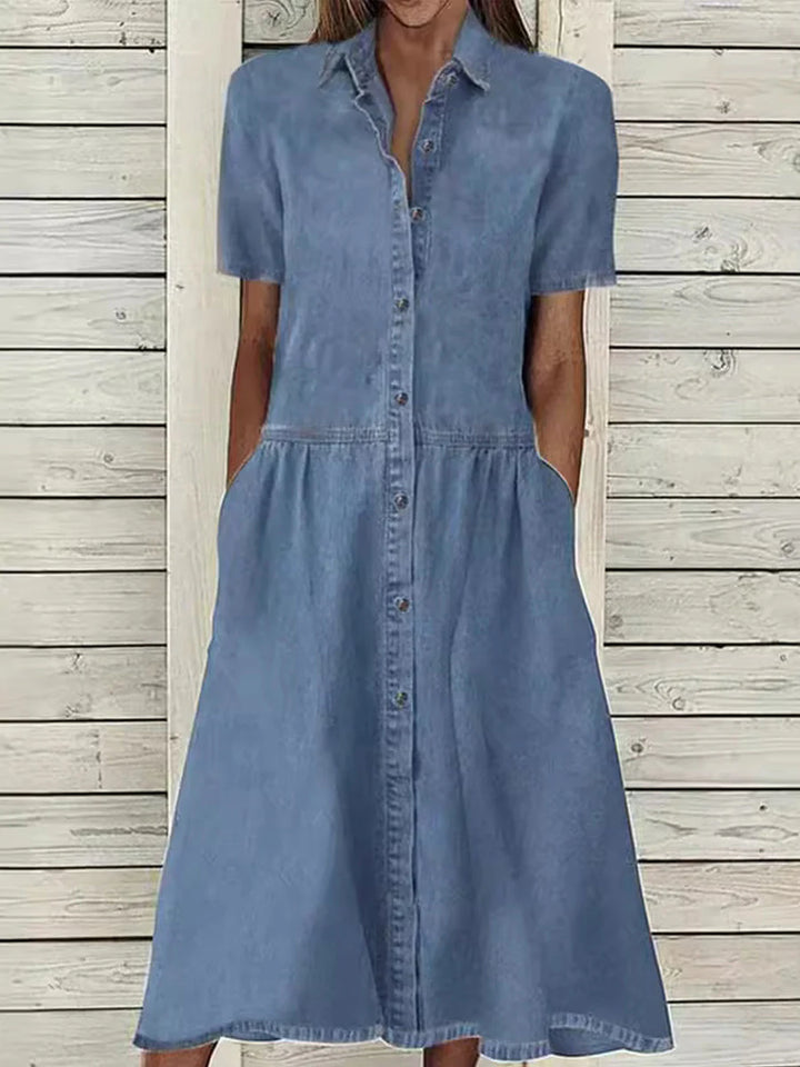 Damen Midi Jeanskleid mit Kentkragen und Knopfleiste