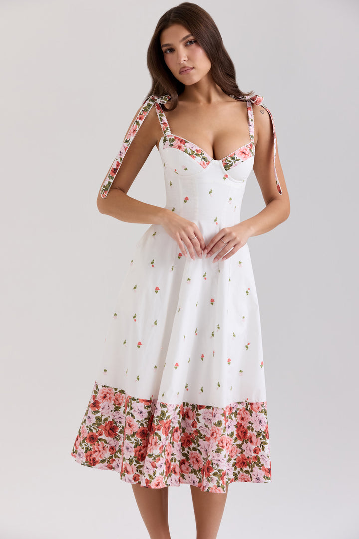 Dames midi-jurk met sweetheart-halslijn, strikbandjes en bloemenprint