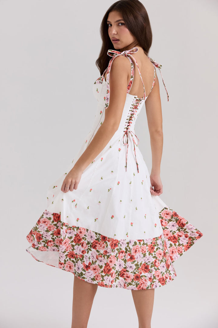 Dames midi-jurk met sweetheart-halslijn, strikbandjes en bloemenprint