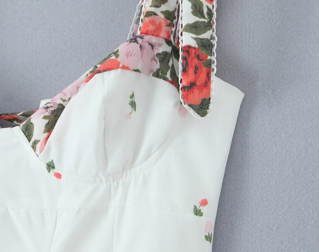 Dames midi-jurk met sweetheart-halslijn, strikbandjes en bloemenprint