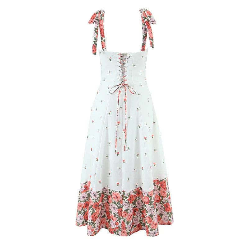 Dames midi-jurk met sweetheart-halslijn, strikbandjes en bloemenprint