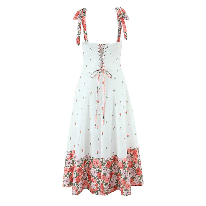Dames midi-jurk met sweetheart-halslijn, strikbandjes en bloemenprint