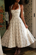 Damen Midi Kleid mit Herzausschnitt Neckholder Trägern Blumenmuster und A Linien Rock