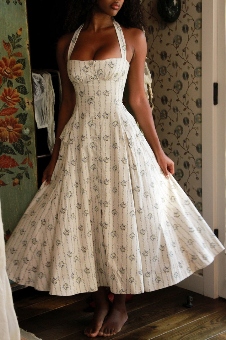 Dames midi-jurk met sweetheart-halslijn, halterbandjes, bloemenprint en A-lijn rok