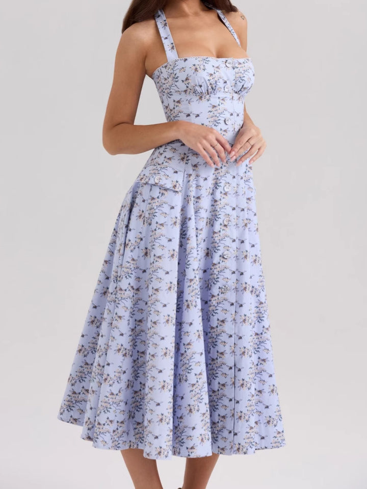 Dames midi-jurk met halternek, striksluiting, A-lijn rok en bloemenpatroon