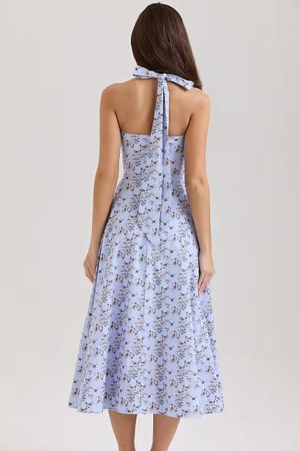 Dames midi-jurk met halternek, striksluiting, A-lijn rok en bloemenpatroon