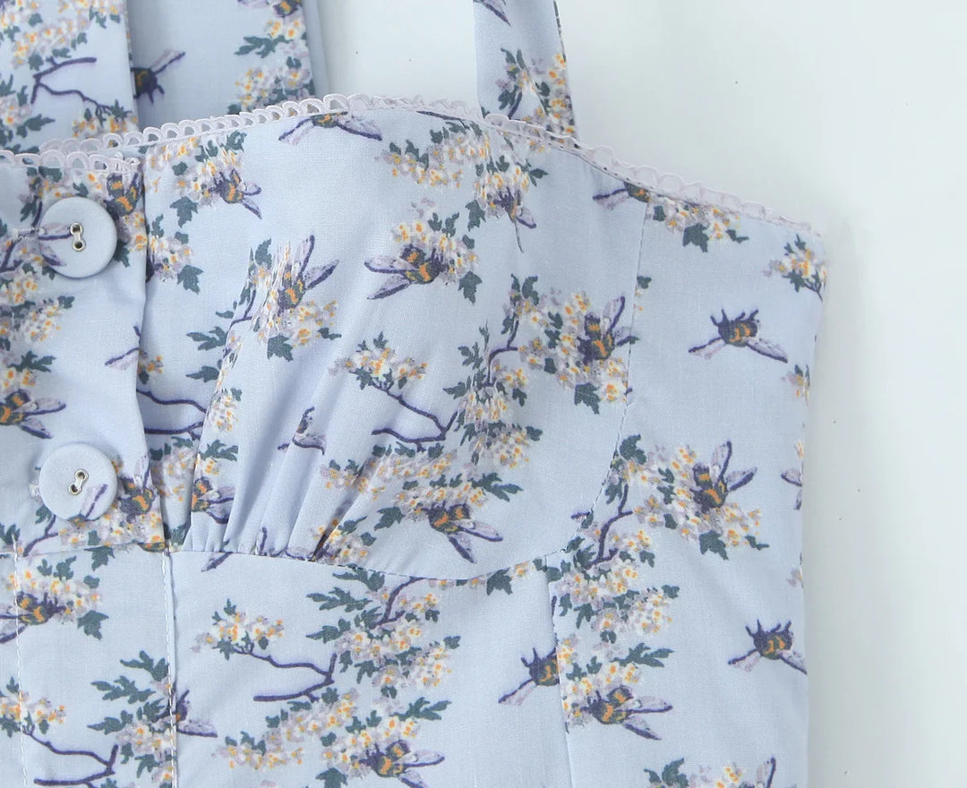 Dames midi-jurk met halternek, striksluiting, A-lijn rok en bloemenpatroon