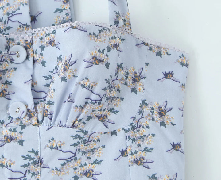 Dames midi-jurk met halternek, striksluiting, A-lijn rok en bloemenpatroon