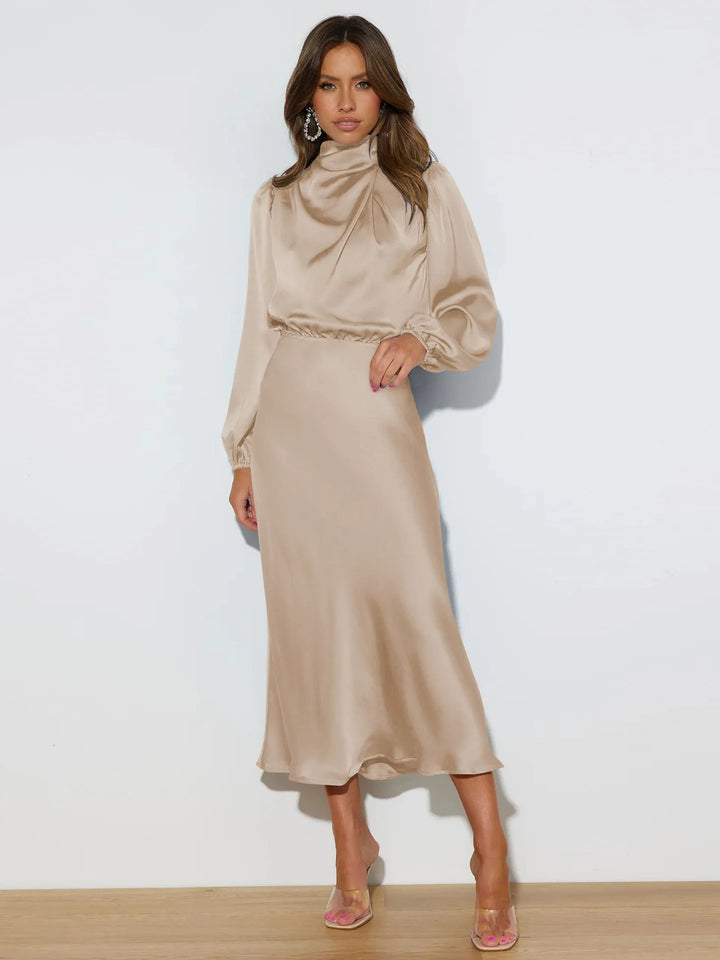 Dames midi-jurk met col en ballonmouwen met elastische tailleband