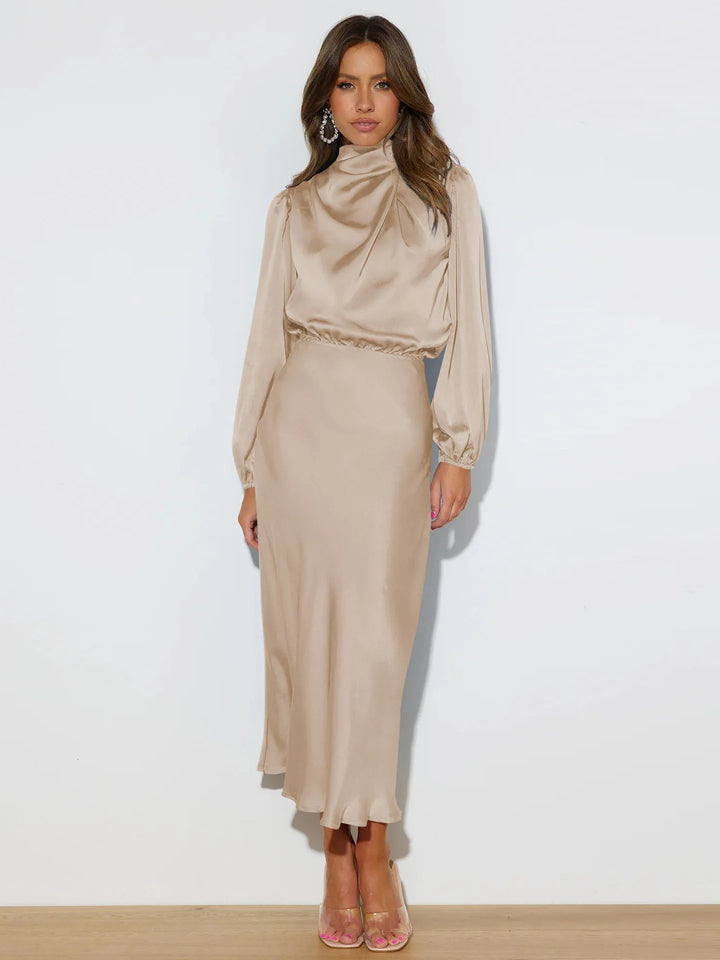 Dames midi-jurk met col en ballonmouwen met elastische tailleband