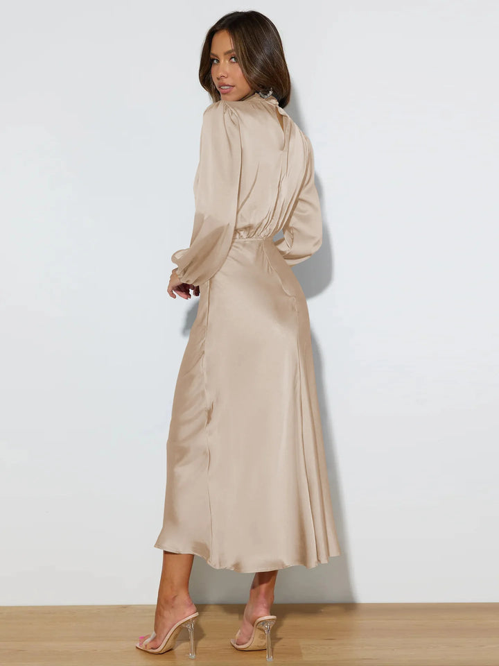 Dames midi-jurk met col en ballonmouwen met elastische tailleband