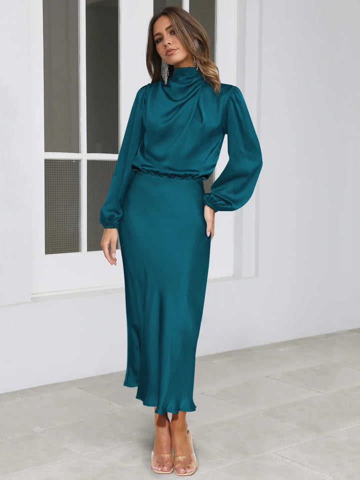 Dames midi-jurk met col en ballonmouwen met elastische tailleband