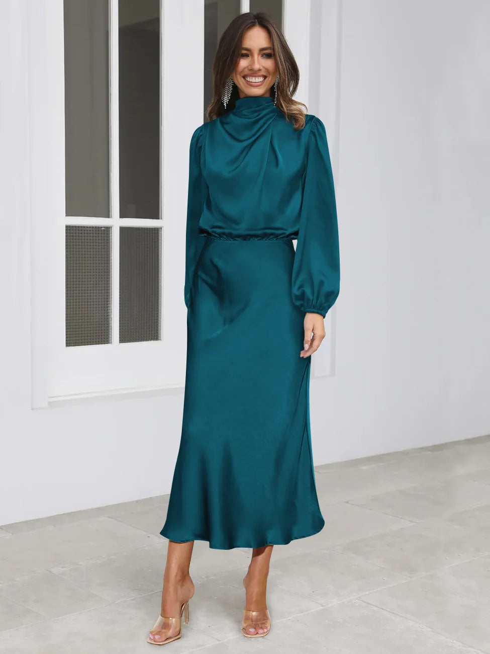 Dames midi-jurk met col en ballonmouwen met elastische tailleband