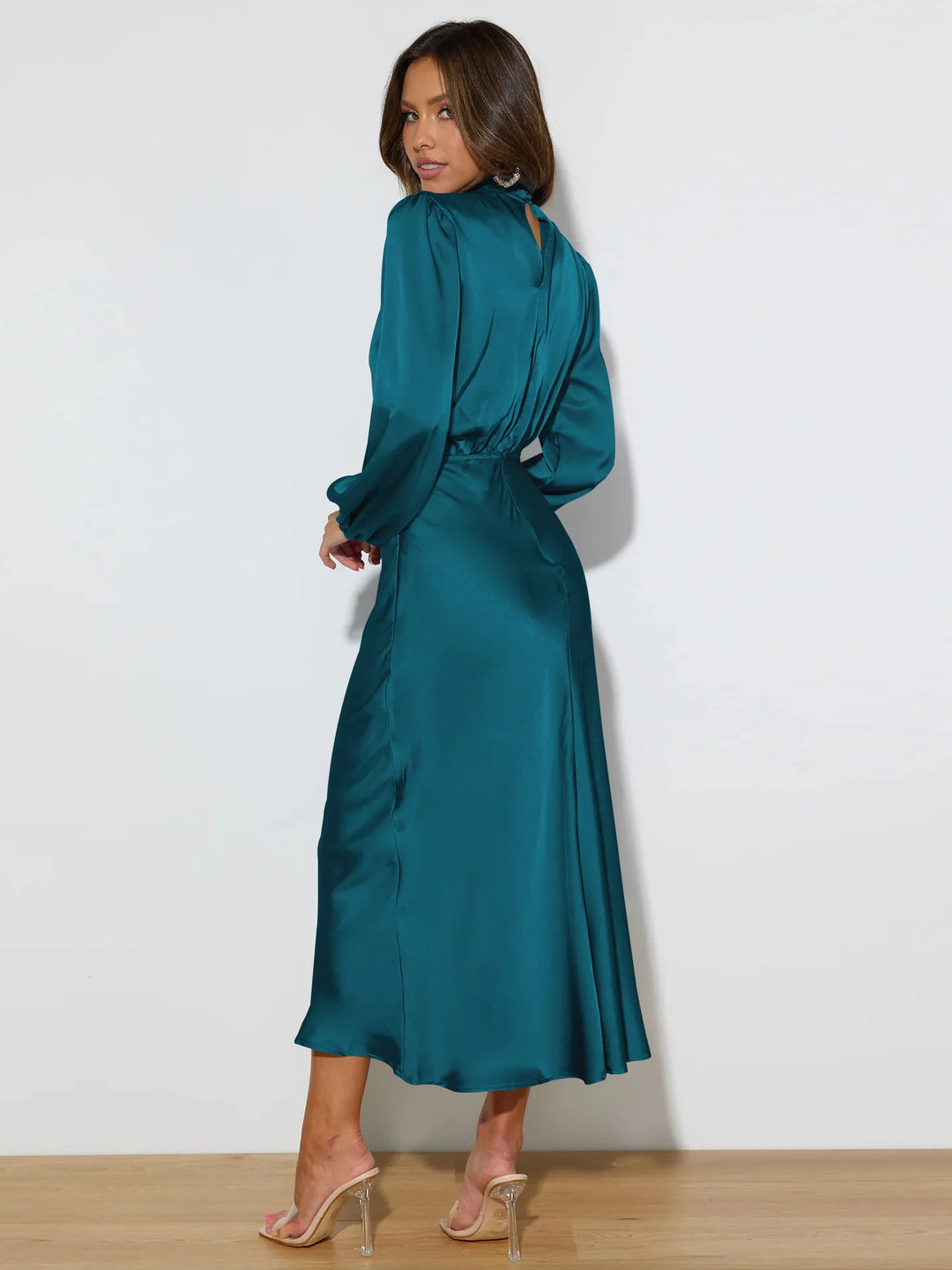Dames midi-jurk met col en ballonmouwen met elastische tailleband