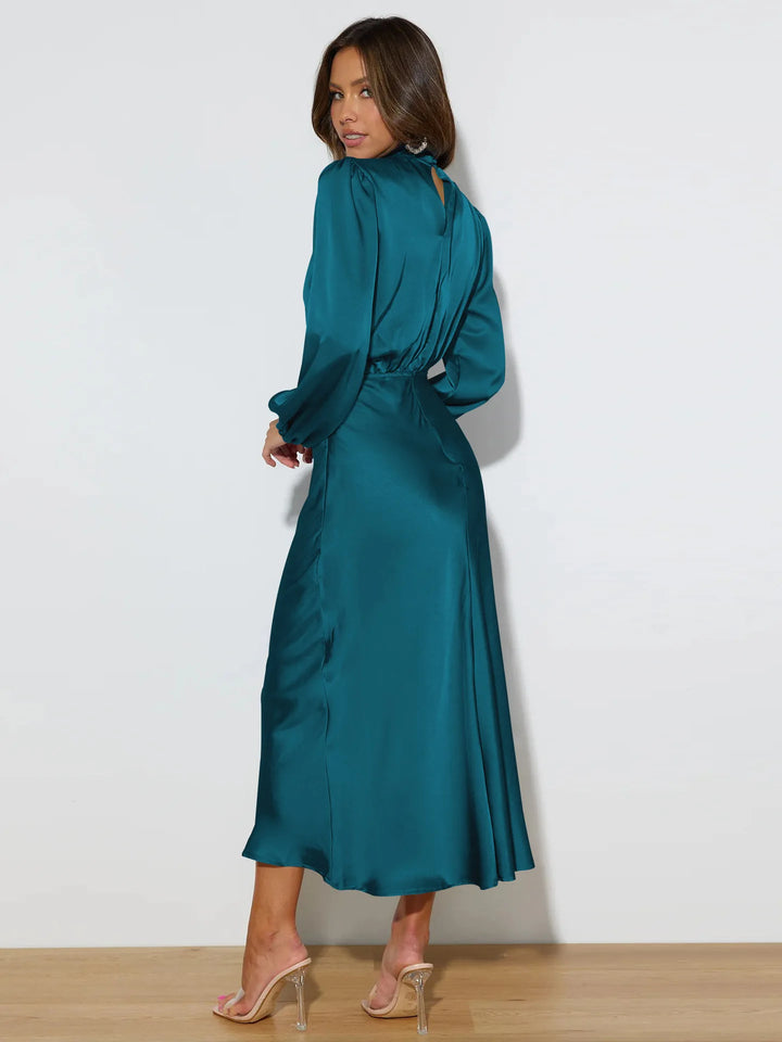 Dames midi-jurk met col en ballonmouwen met elastische tailleband