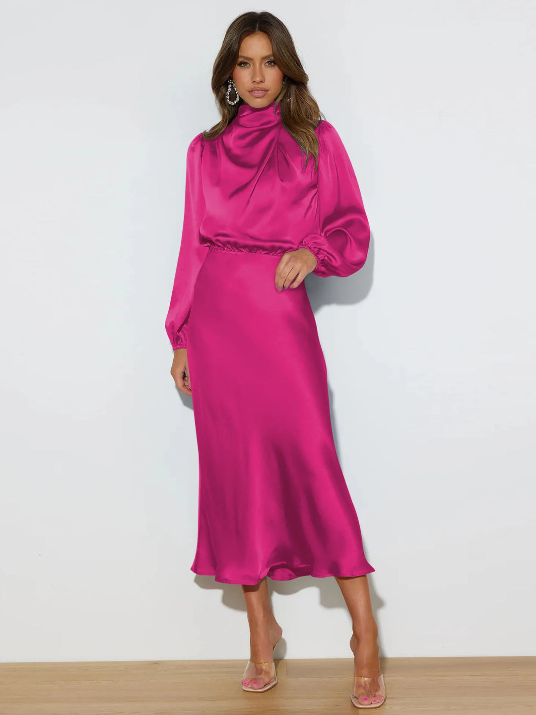 Dames midi-jurk met col en ballonmouwen met elastische tailleband