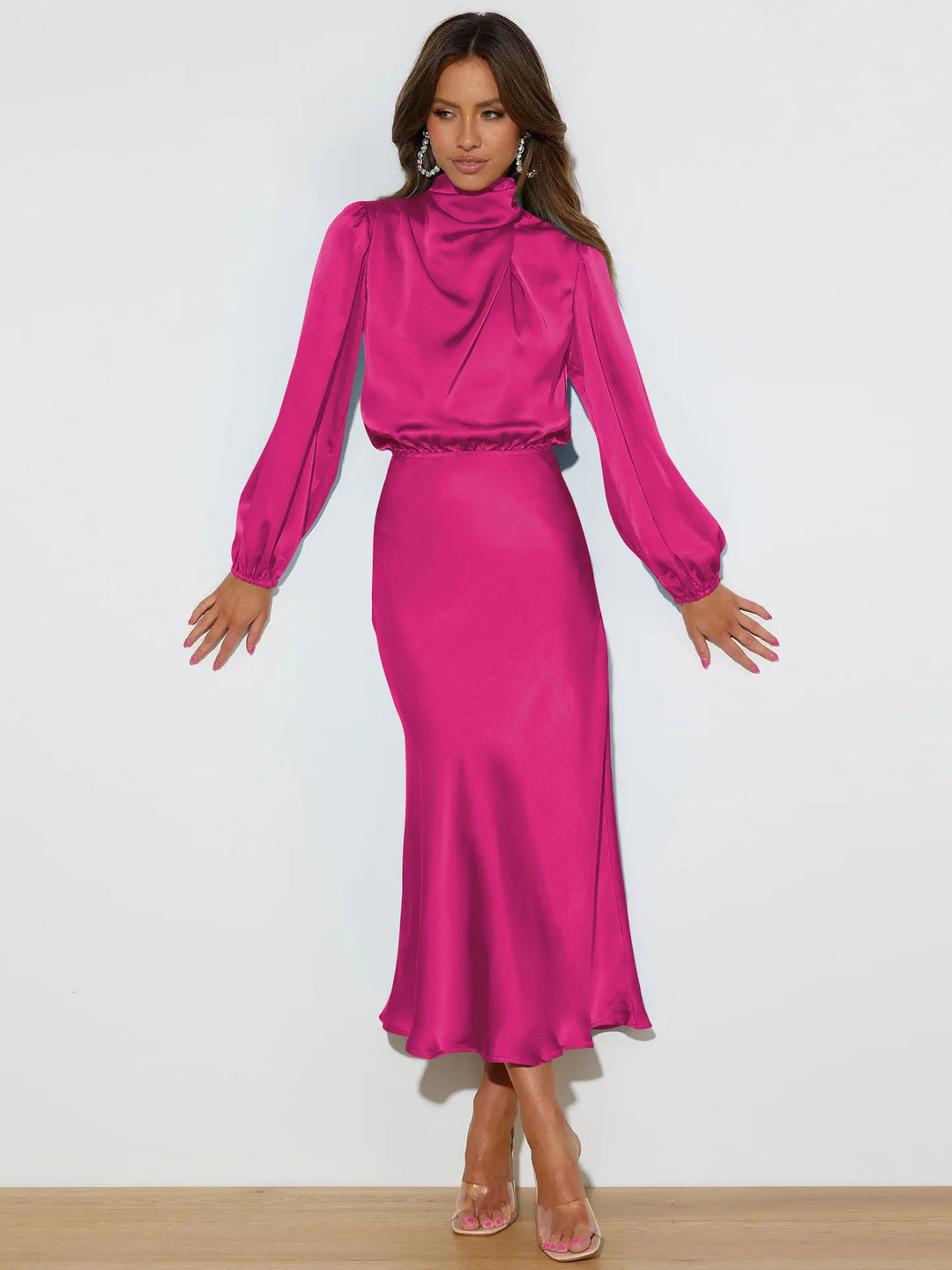 Dames midi-jurk met col en ballonmouwen met elastische tailleband