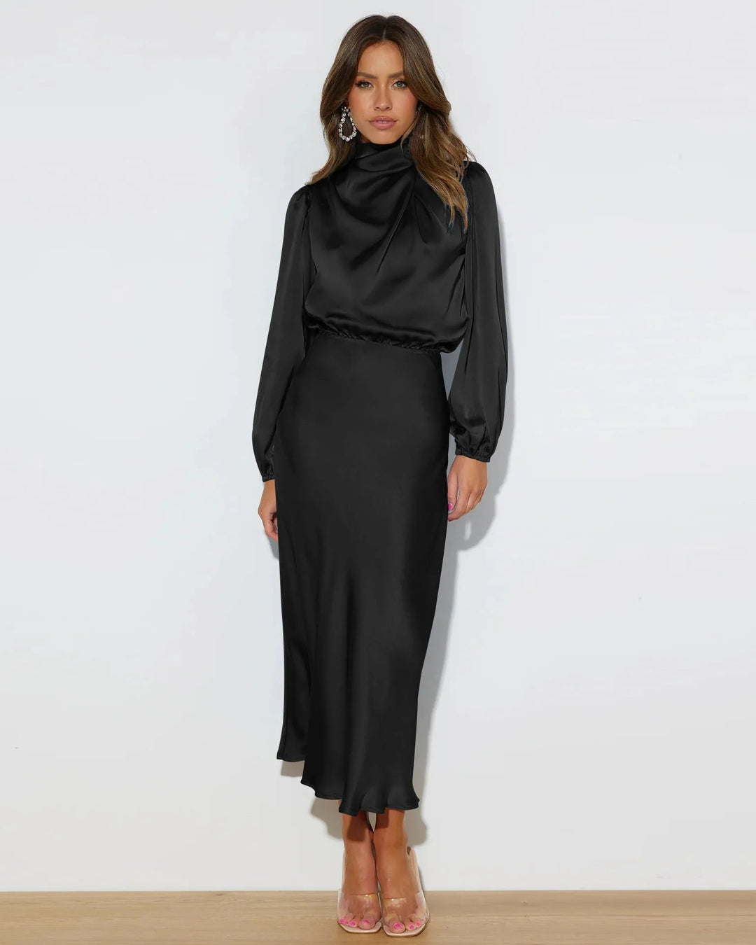 Dames midi-jurk met col en ballonmouwen met elastische tailleband