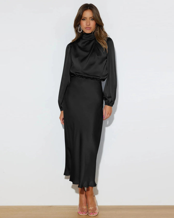 Dames midi-jurk met col en ballonmouwen met elastische tailleband