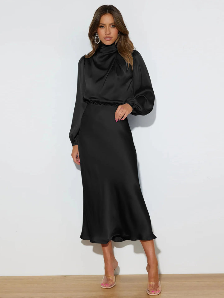Dames midi-jurk met col en ballonmouwen met elastische tailleband