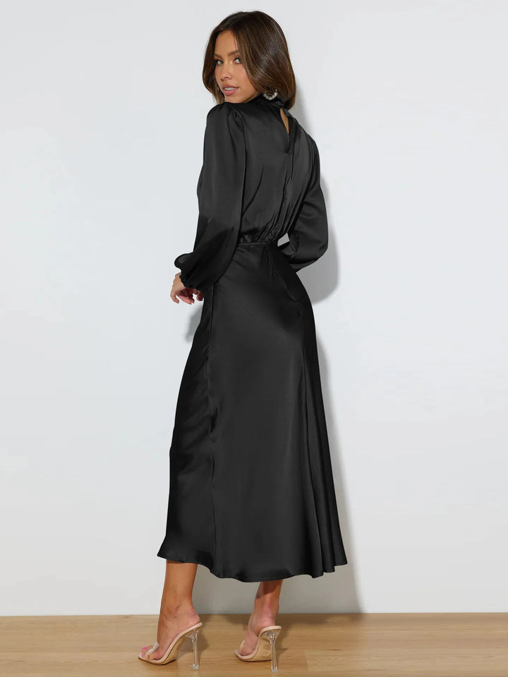 Dames midi-jurk met col en ballonmouwen met elastische tailleband