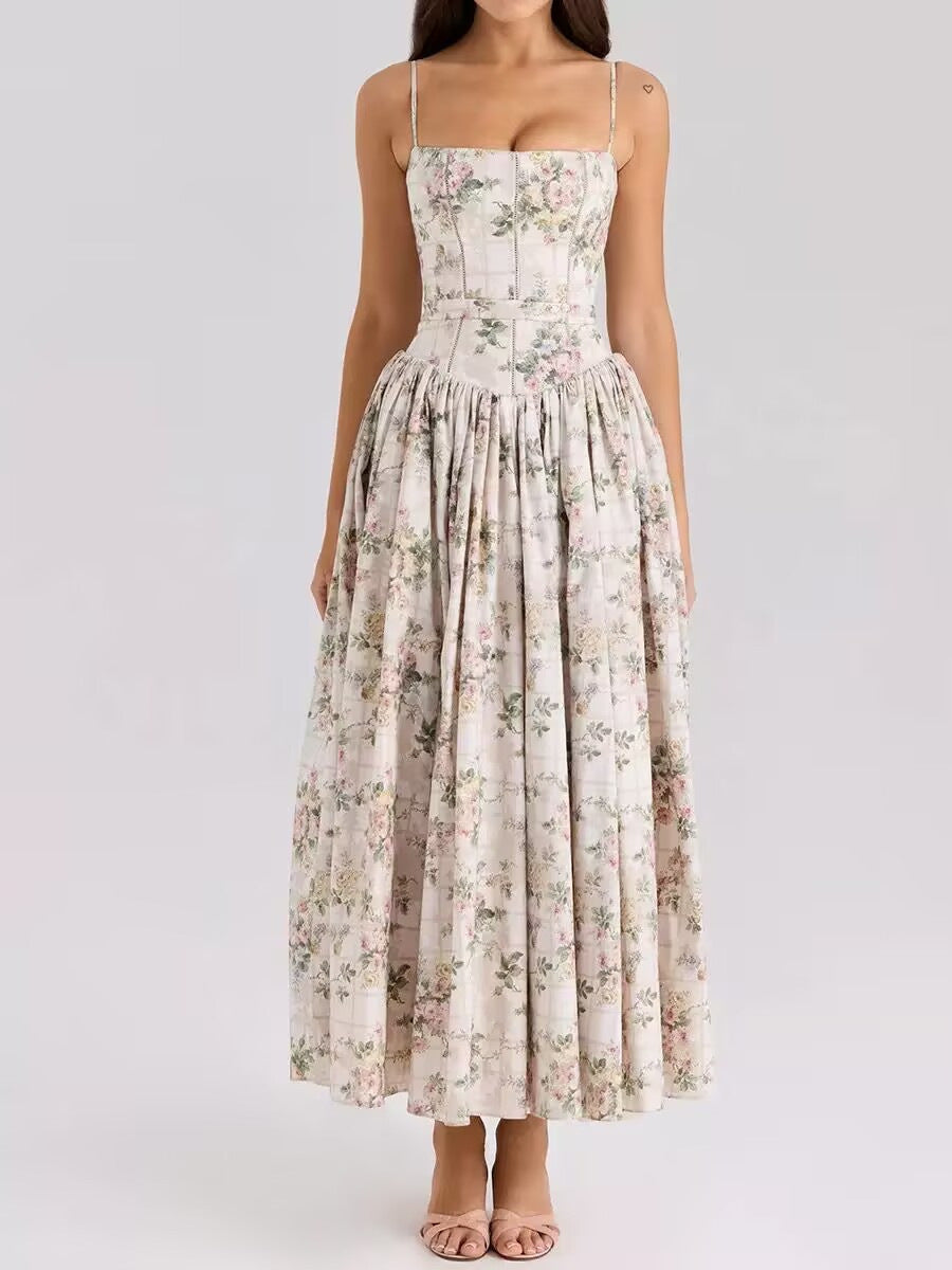 Dames midi-jurk met spaghettibandjes en korsetnaden op het bovenstuk