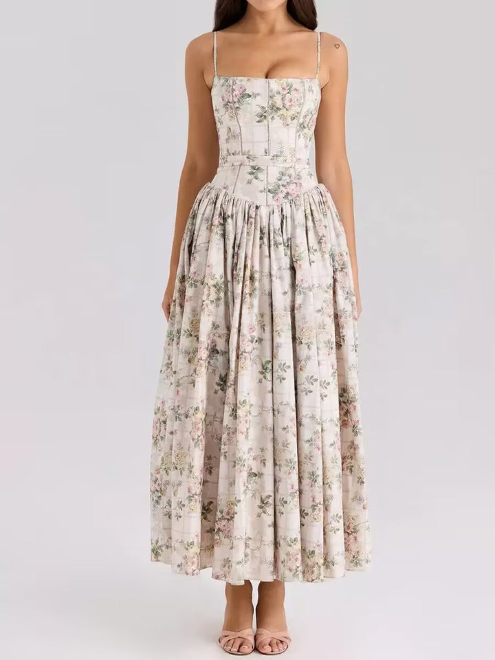 Dames midi-jurk met spaghettibandjes en korsetnaden op het bovenstuk