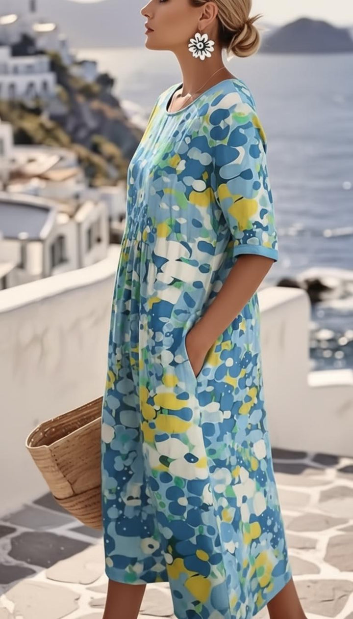 Damen Midikleid mit abstraktem Blumenmuster und rundem Halsausschnitt mit kurzen Ärmeln und Seitentaschen