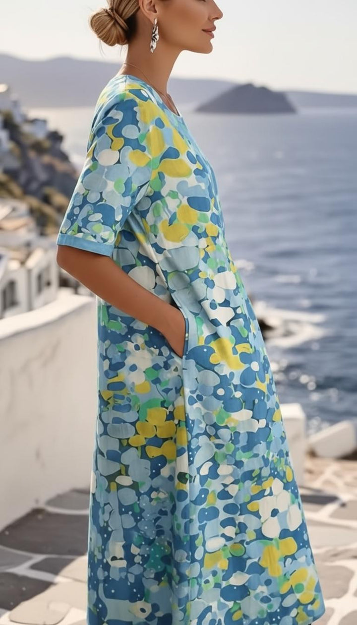 Damen Midikleid mit abstraktem Blumenmuster und rundem Halsausschnitt mit kurzen Ärmeln und Seitentaschen