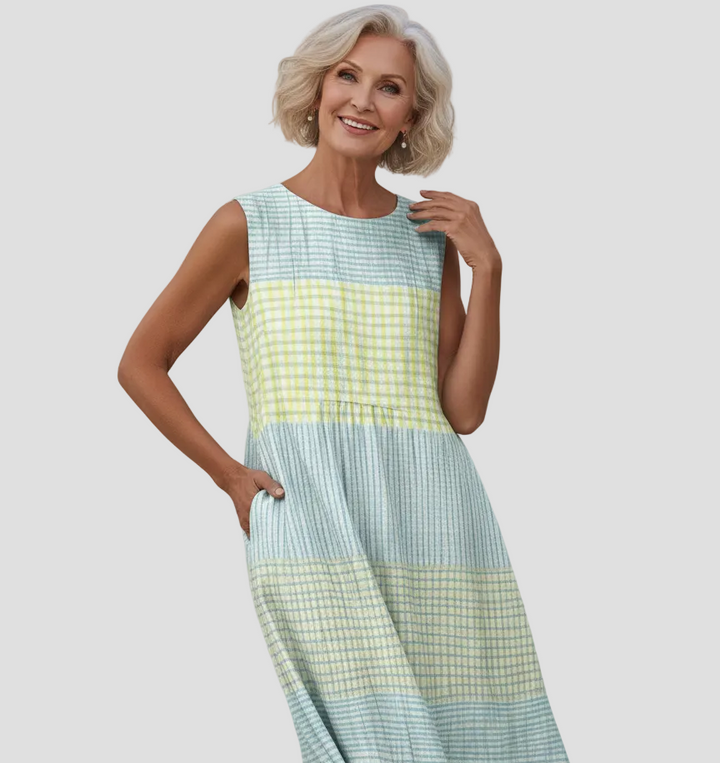 Damen Midikleid mit Allover-Muster und rundem Halsausschnitt mit ärmelloser Schulterpartie und gerundetem Saum